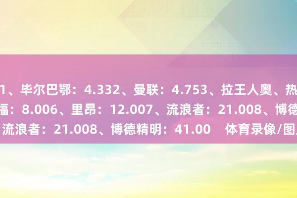 1、毕尔巴鄂：4.332、曼联：4.753、拉王人奥、热刺：5.005、法兰克福：8.006、里昂：12.007、流浪者：21.008、博德精明：41.00    体育录像/图片